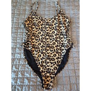 Revamped Leopard Print One Piece Swimsuit Side Cutout Strappy Brown Black Medium